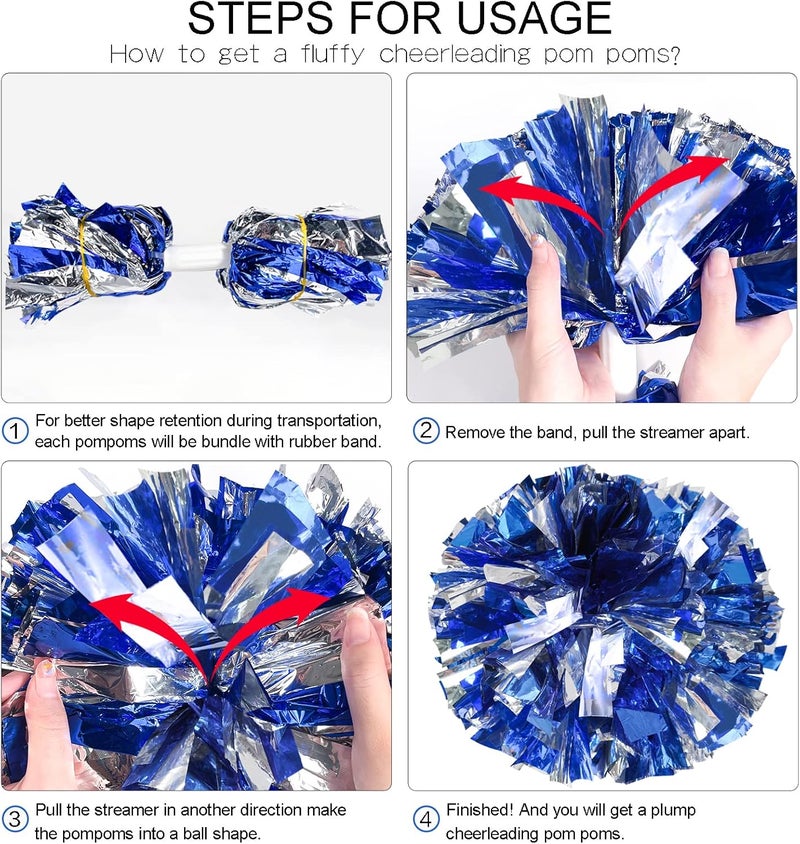 HOLENGS 4Pcs Upgraded 12inch Metallic Cheerleading Pom Poms, Cheerleader Pompoms Cheer Poms for Kids Adults, Cheering Squad Pompoms for School Sports Games Dance Party - Image 4